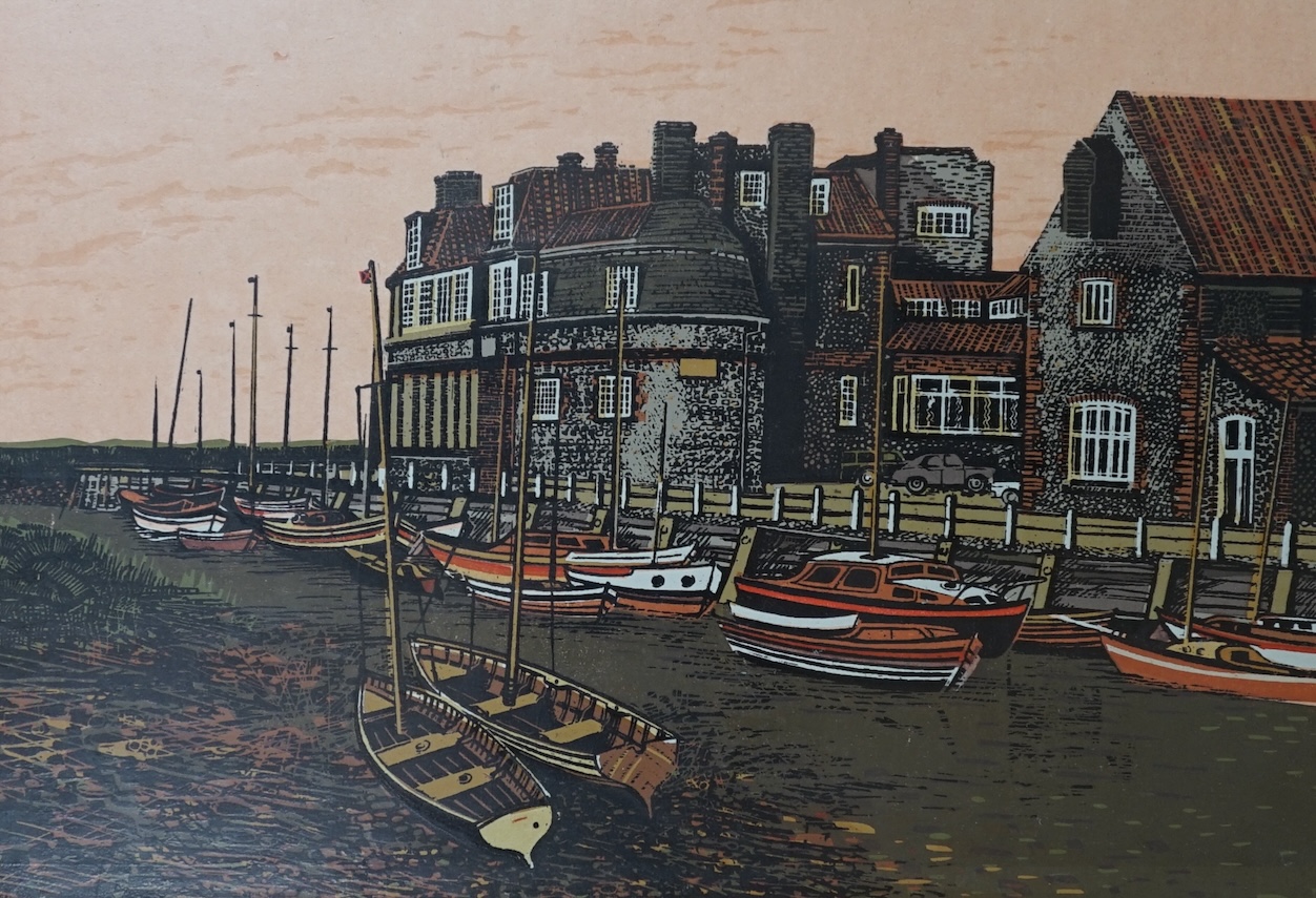 G. Gillick, four colour linocuts including 'Wells Next the Sea', 'Clay Mill', 'Blakeney Quay' and 'White House at Brancaster', each signed in pencil and limited edition, largest 51 x 32cm. Condition - fair
